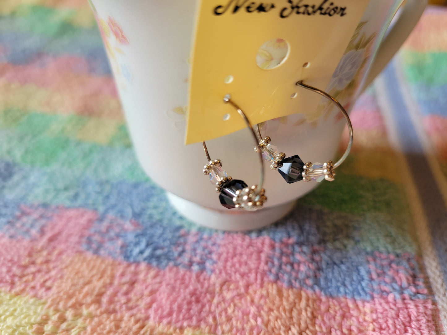 Purple Crystal Silver Tone Hoop Beaded Fashion Earrings