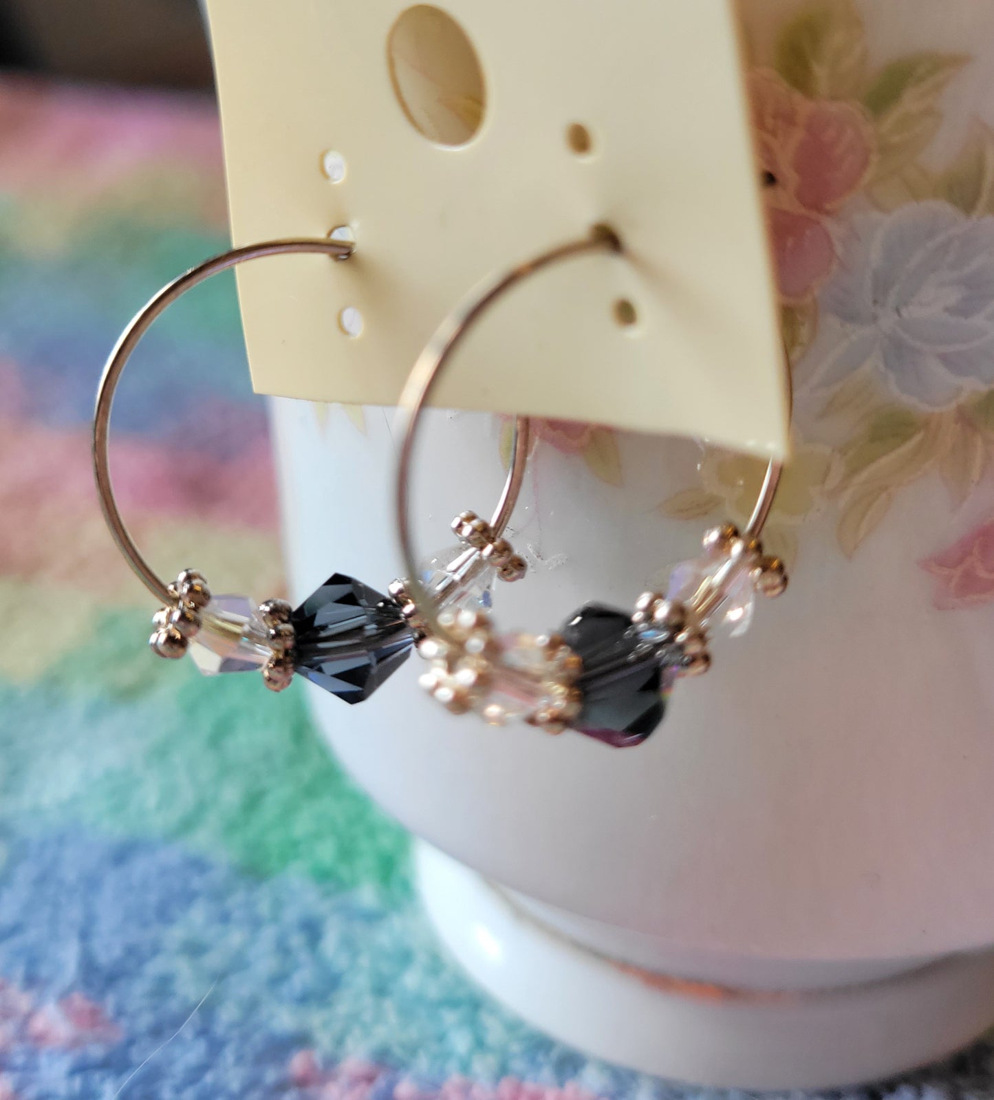 Purple Crystal Silver Tone Hoop Beaded Fashion Earrings