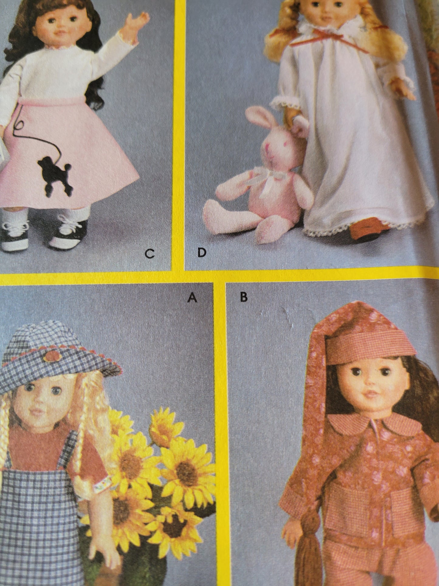 Wrights #7069" Doll Sewing Pattern, 18" Doll Poodle Skirt, Dress, Hat, Top, Skirt, Nightgown