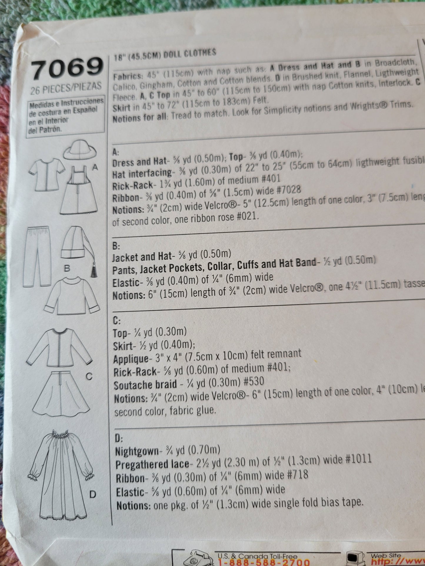 Wrights #7069" Doll Sewing Pattern, 18" Doll Poodle Skirt, Dress, Hat, Top, Skirt, Nightgown