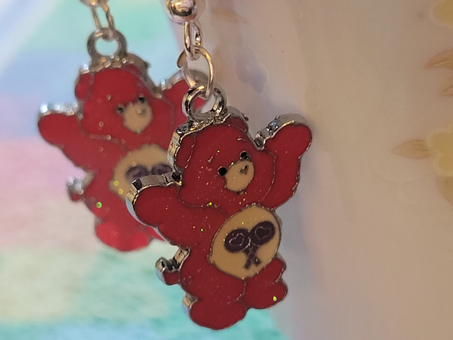 Hot Pink CARE BEAR Dangle Drop EARRINGS French Wire PIERCED