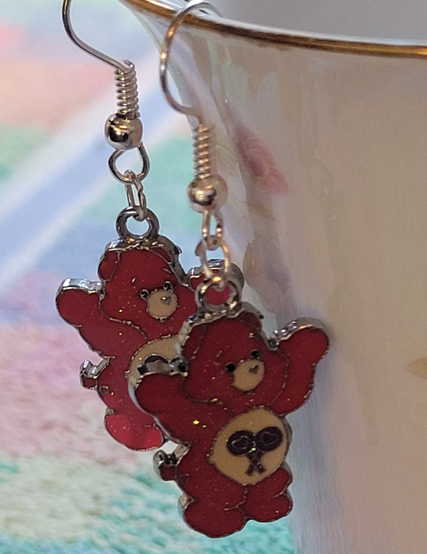 Hot Pink CARE BEAR Dangle Drop EARRINGS French Wire PIERCED