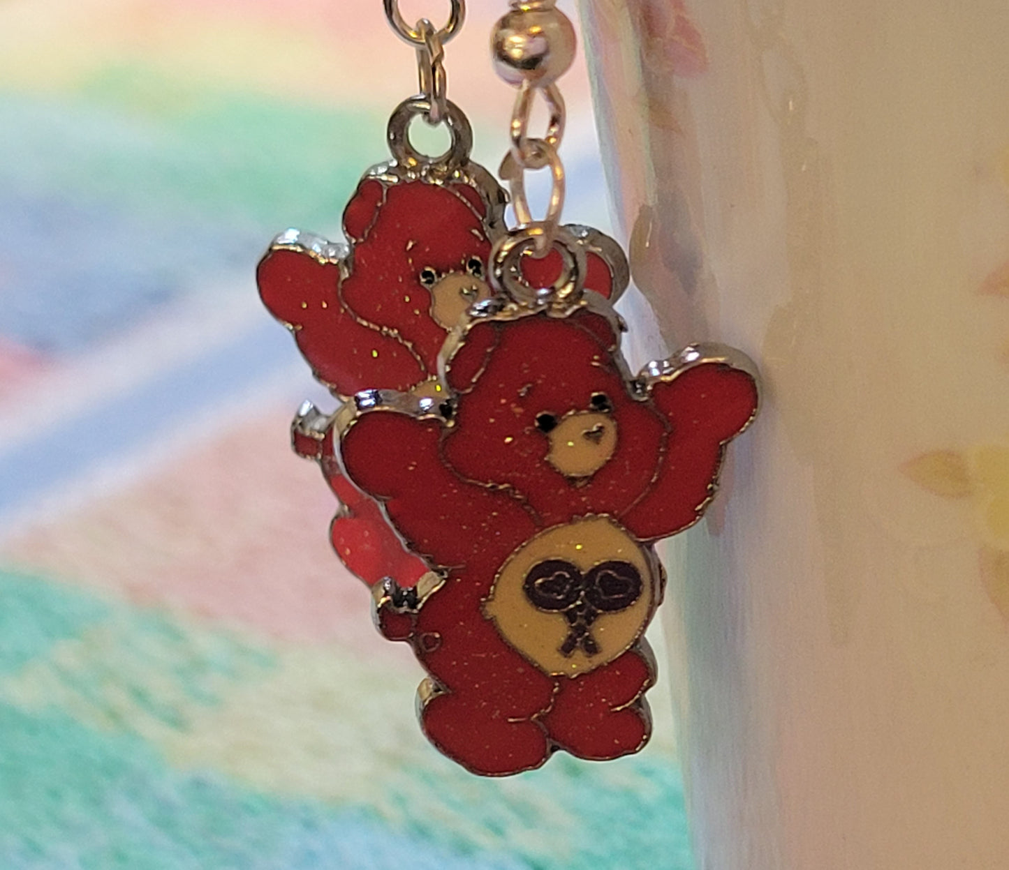 Hot Pink CARE BEAR Dangle Drop EARRINGS French Wire PIERCED