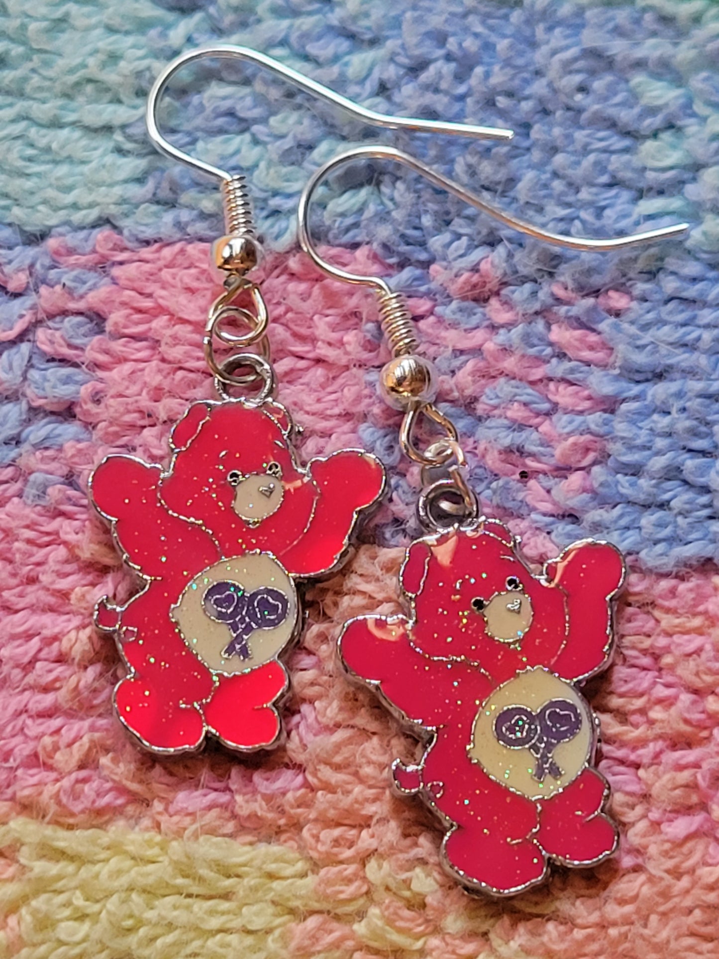 Hot Pink CARE BEAR Dangle Drop EARRINGS French Wire PIERCED