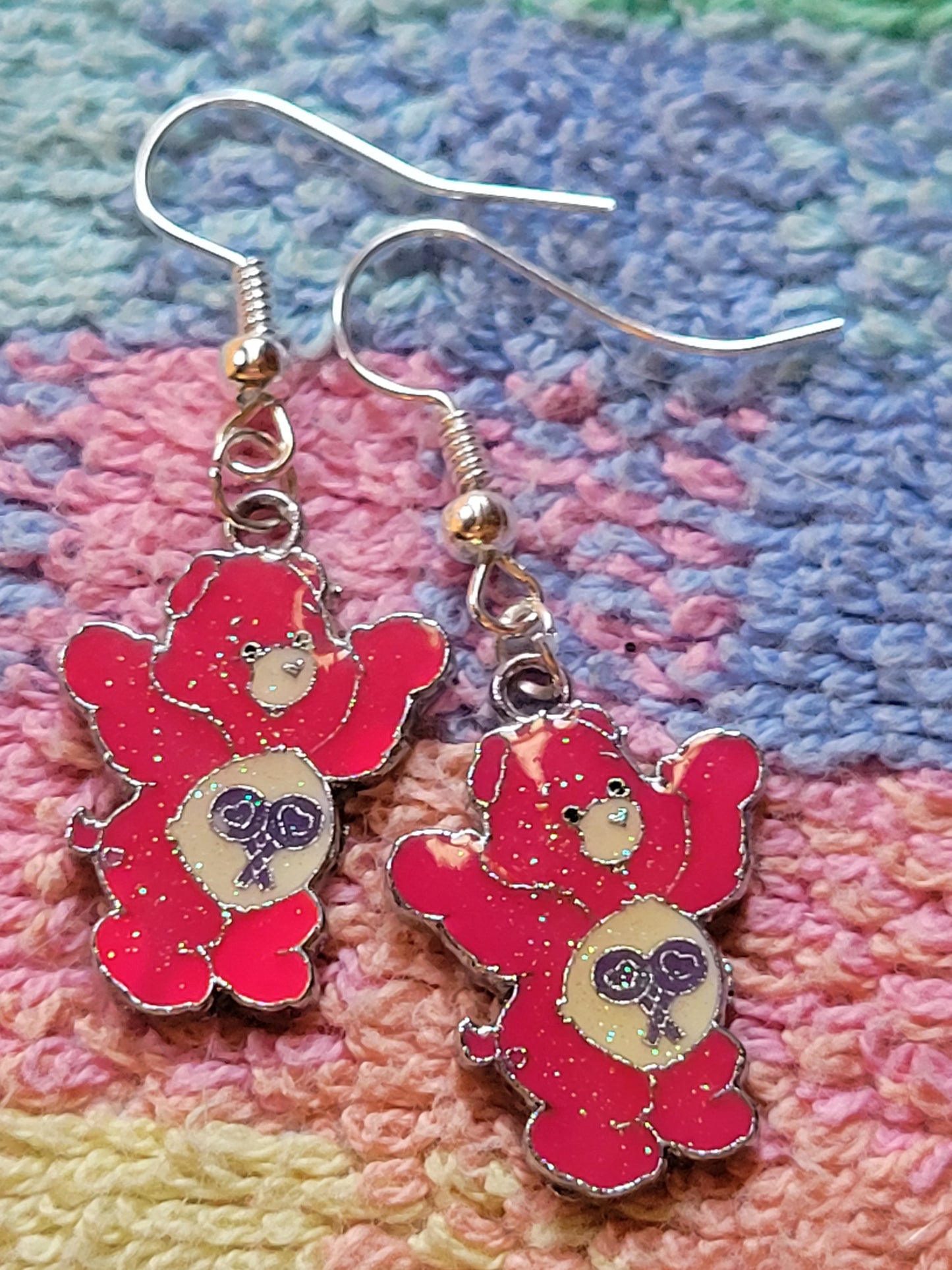 Hot Pink CARE BEAR Dangle Drop EARRINGS French Wire PIERCED