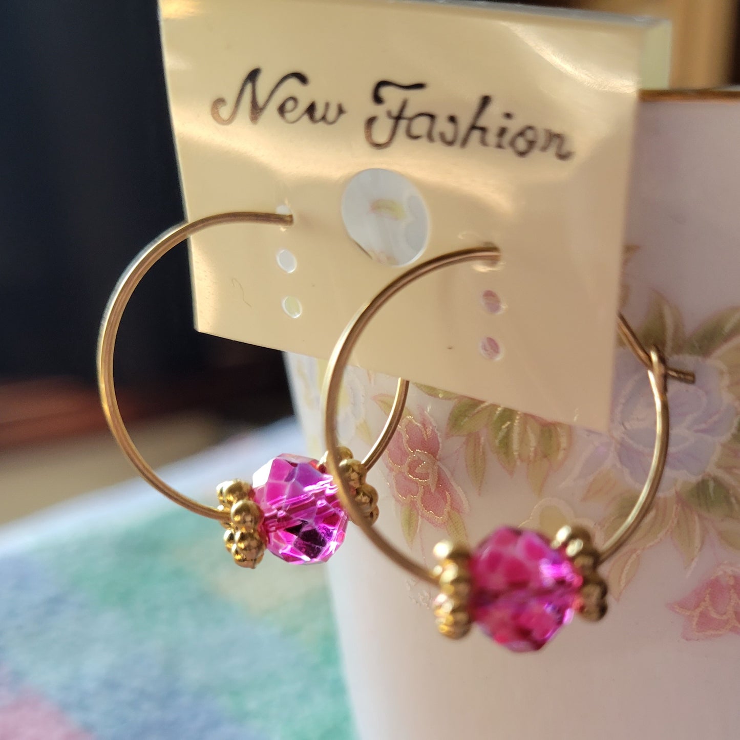 Hot Pink Crystal Gold Tone Hoop Beaded Fashion Earrings 1" Small Hoops
