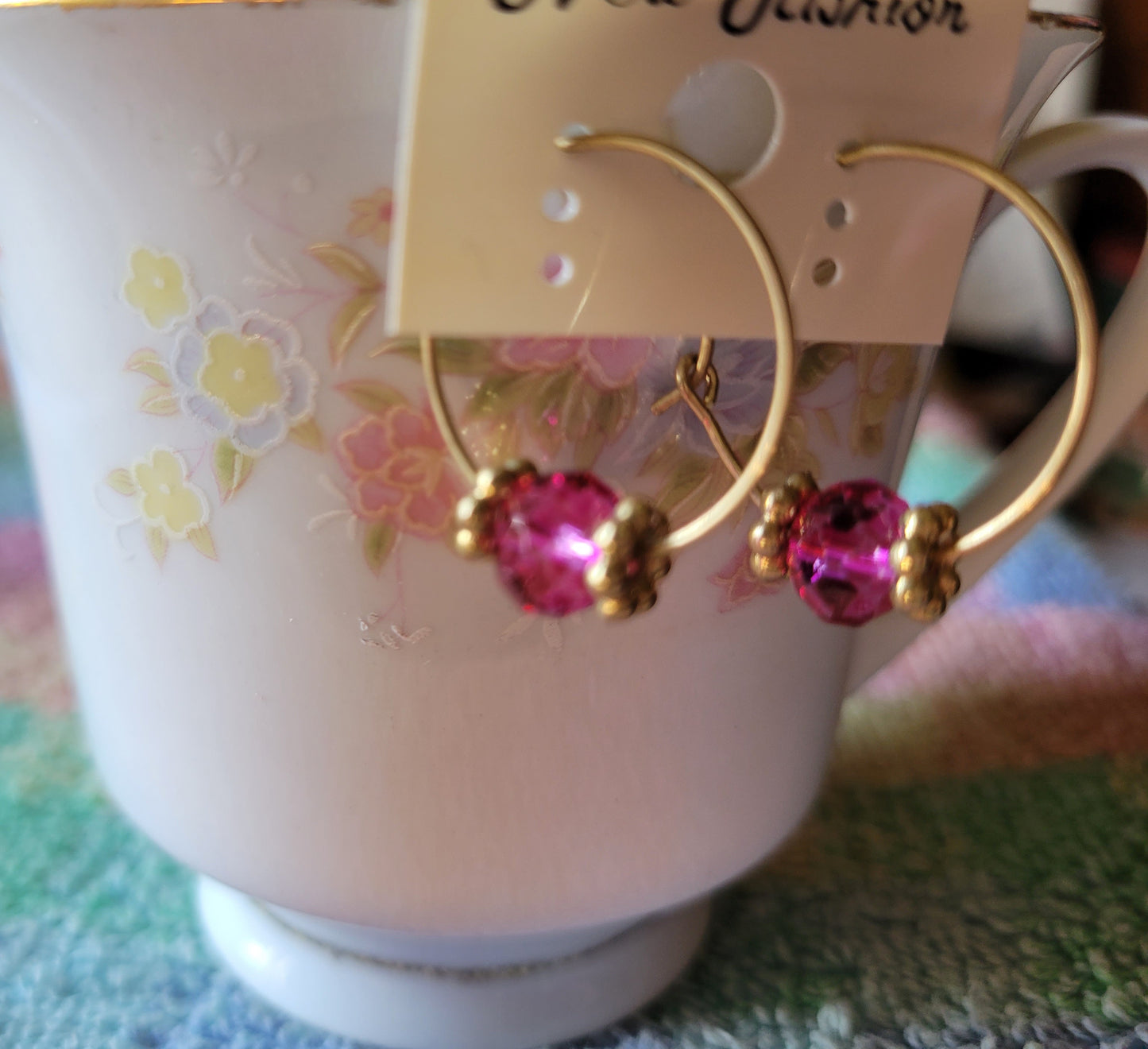 Hot Pink Crystal Gold Tone Hoop Beaded Fashion Earrings 1" Small Hoops