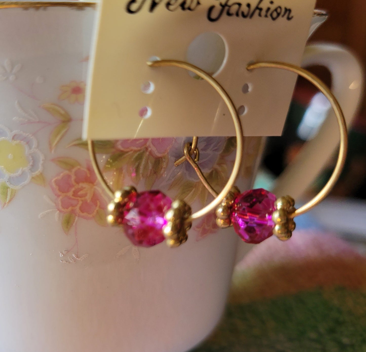 Hot Pink Crystal Gold Tone Hoop Beaded Fashion Earrings 1" Small Hoops