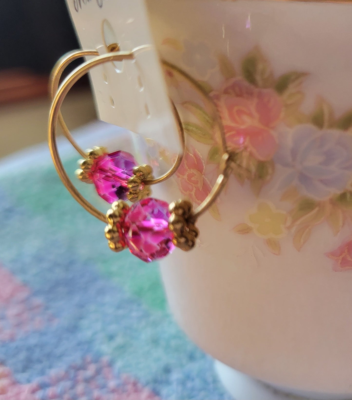 Hot Pink Crystal Gold Tone Hoop Beaded Fashion Earrings 1" Small Hoops