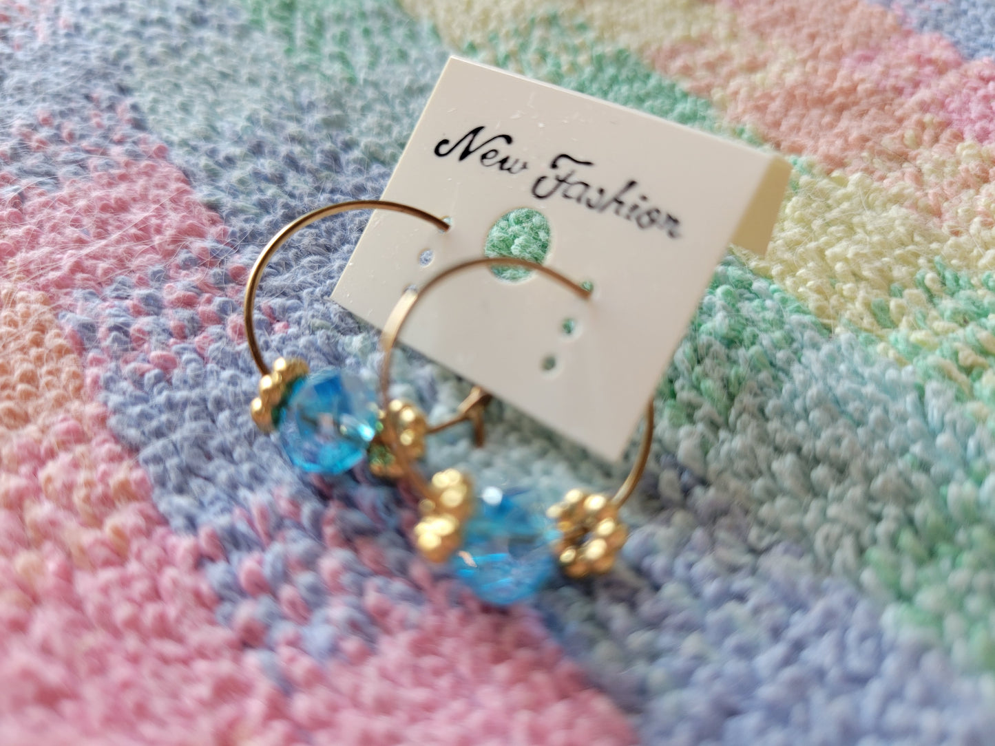 Turquoise Crystal Gold Tone Hoop Beaded Fashion Earrings 1" Small Hoops