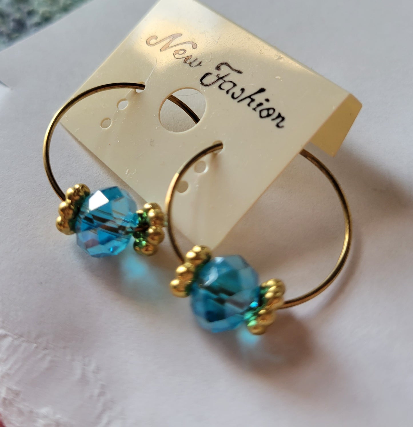 Turquoise Crystal Gold Tone Hoop Beaded Fashion Earrings 1" Small Hoops