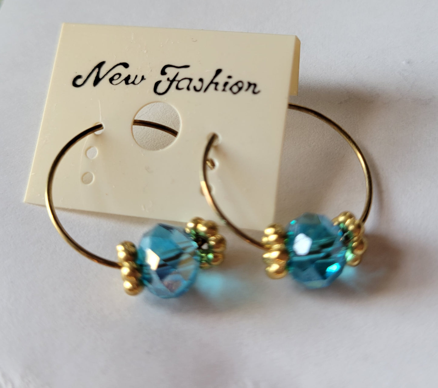 Turquoise Crystal Gold Tone Hoop Beaded Fashion Earrings 1" Small Hoops