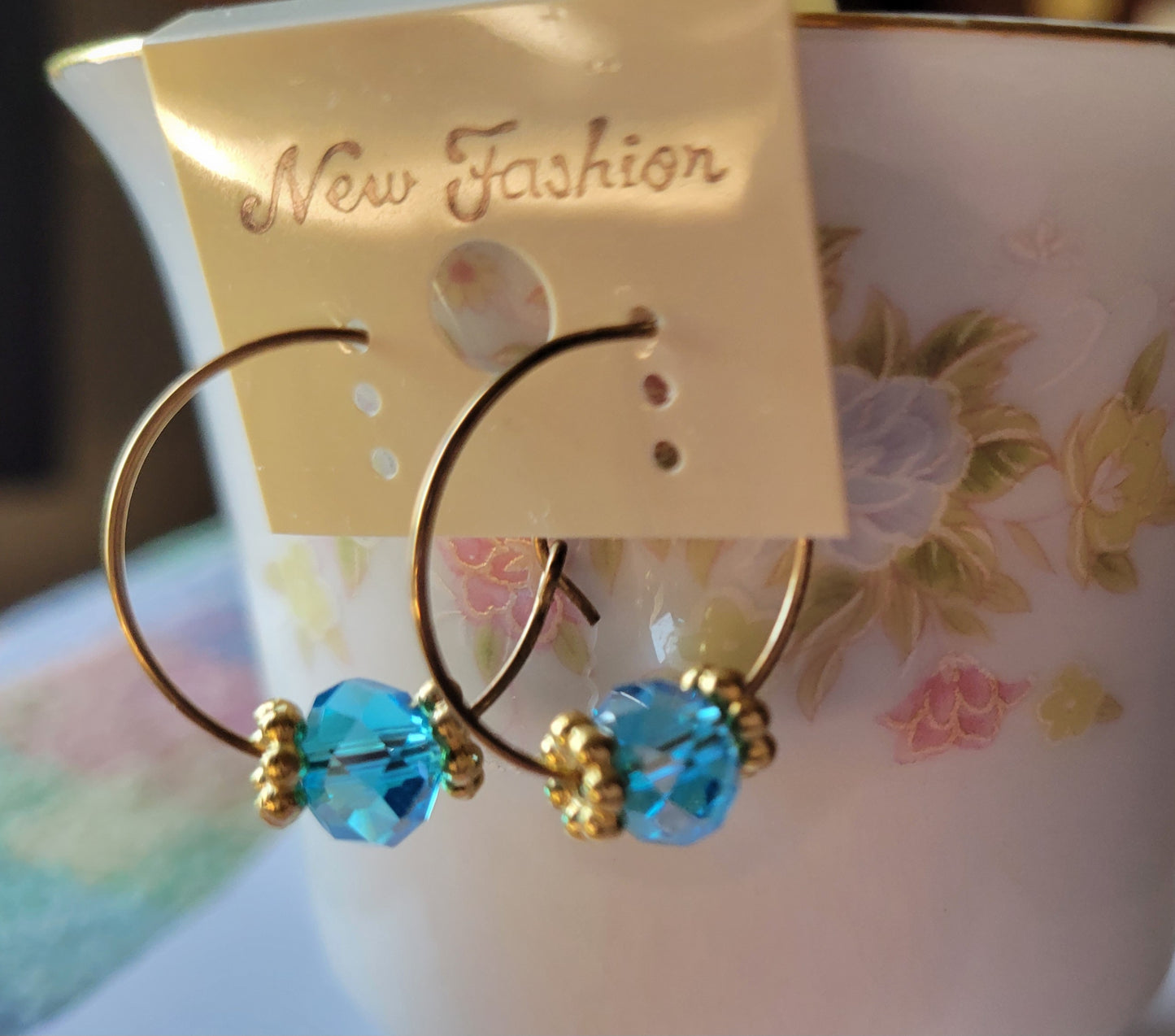 Turquoise Crystal Gold Tone Hoop Beaded Fashion Earrings 1" Small Hoops