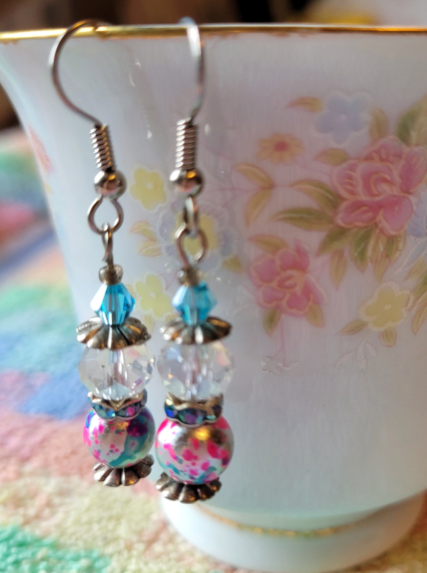 Pretty Antique Silver Tone Pink Blue Crystal Dangle Drop Fashion Earrings