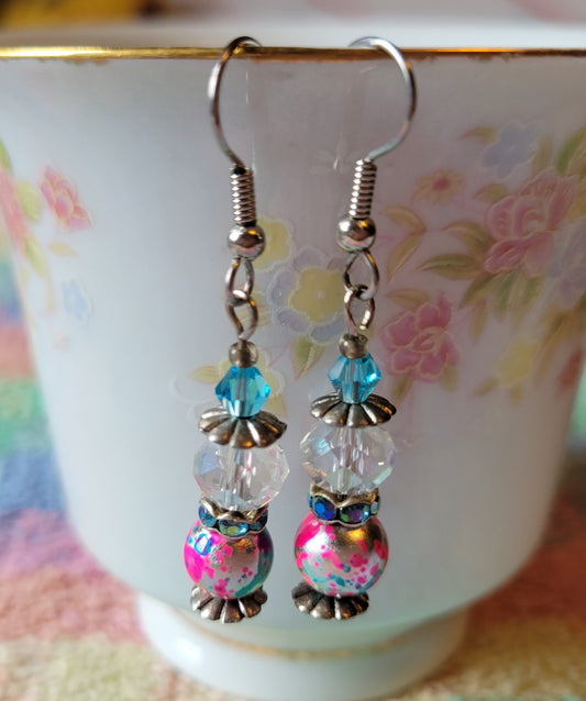 Pretty Antique Silver Tone Pink Blue Crystal Dangle Drop Fashion Earrings
