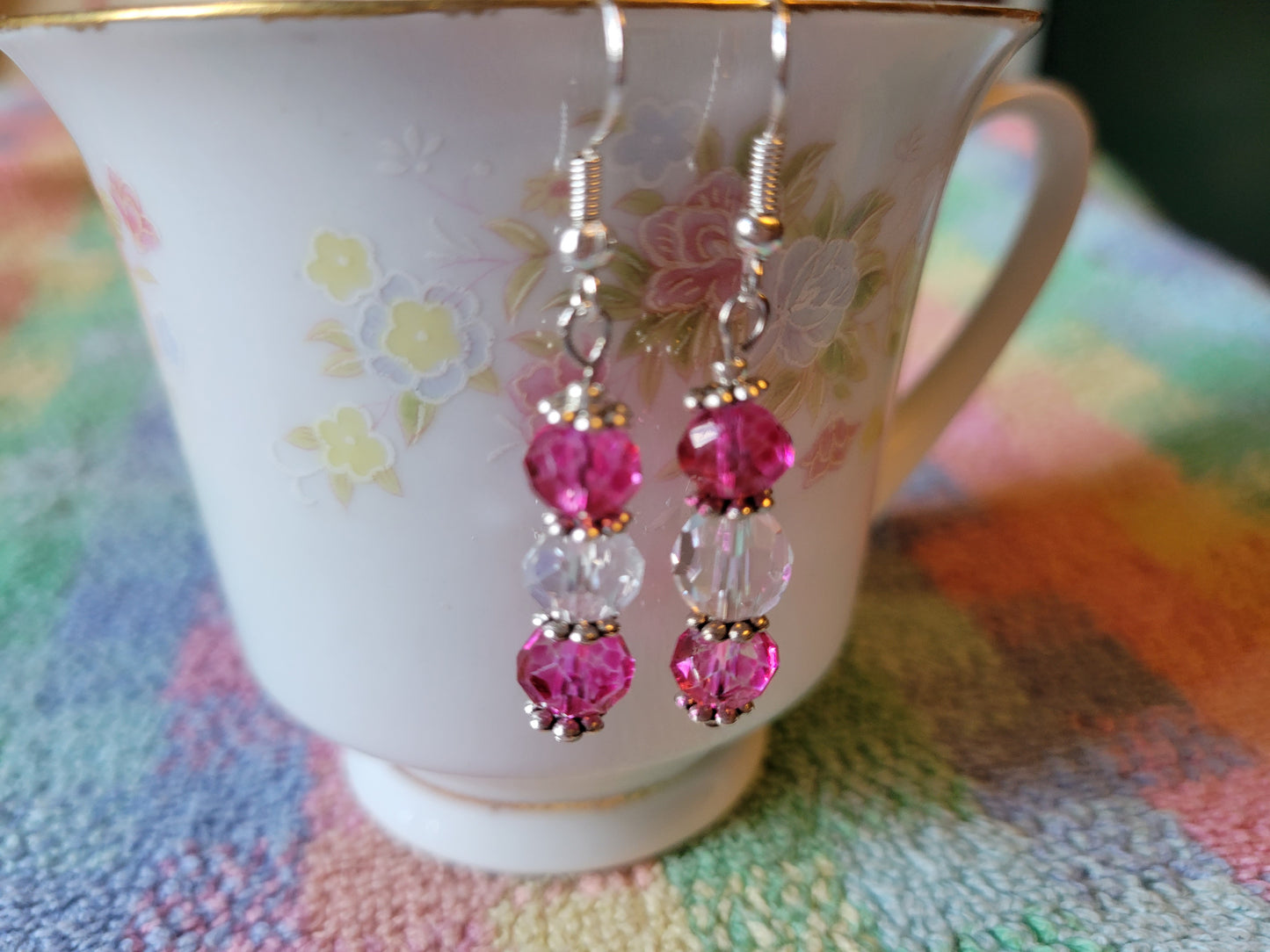 Pretty Silver Tone Hot Pink & Clear Crystal Dangle Drop Fashion Earrings