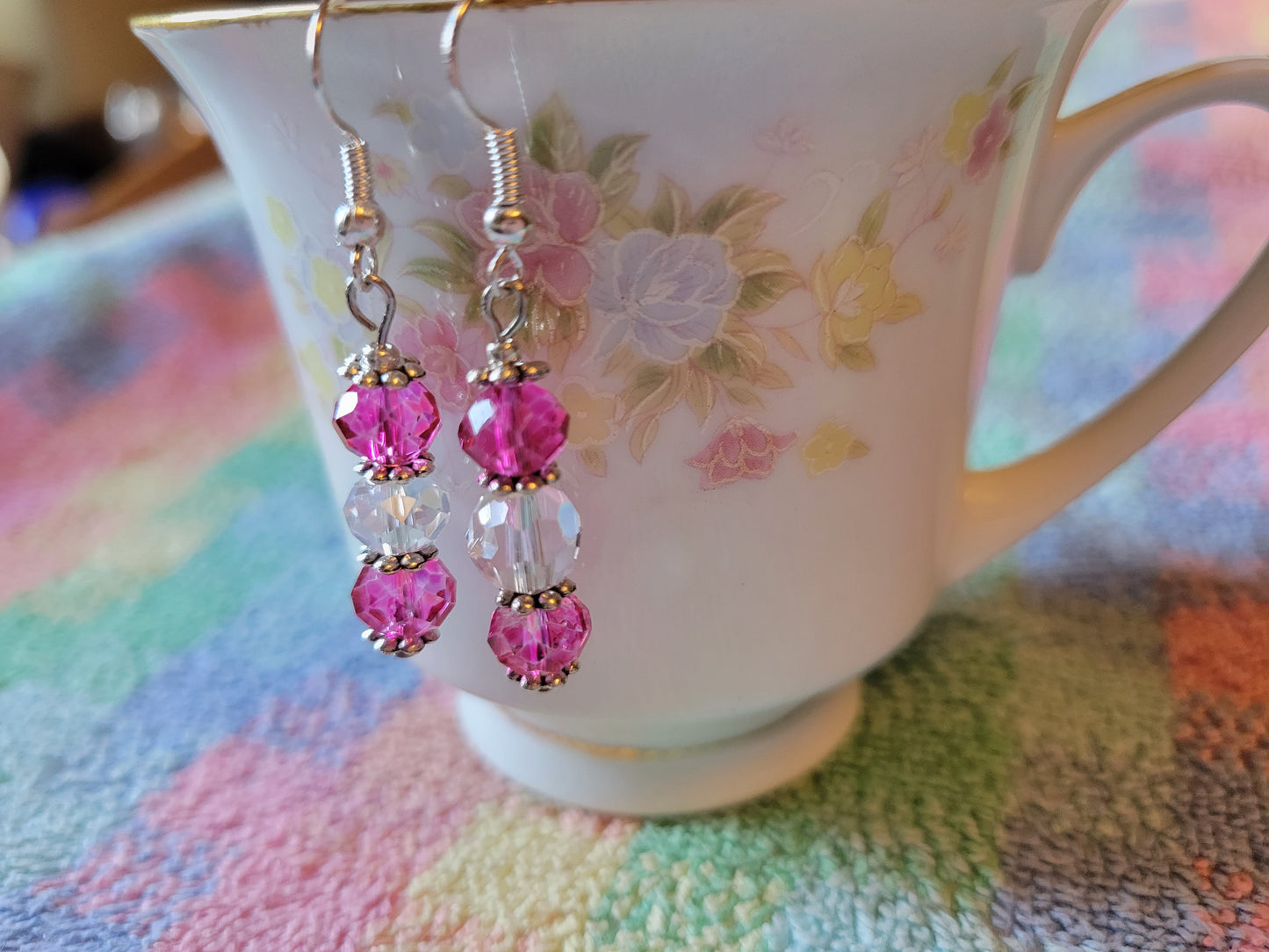 Pretty Silver Tone Hot Pink & Clear Crystal Dangle Drop Fashion Earrings