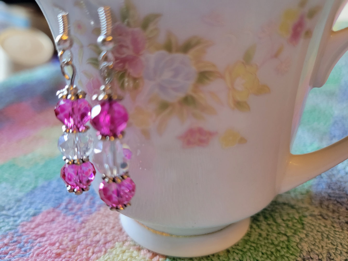 Pretty Silver Tone Hot Pink & Clear Crystal Dangle Drop Fashion Earrings