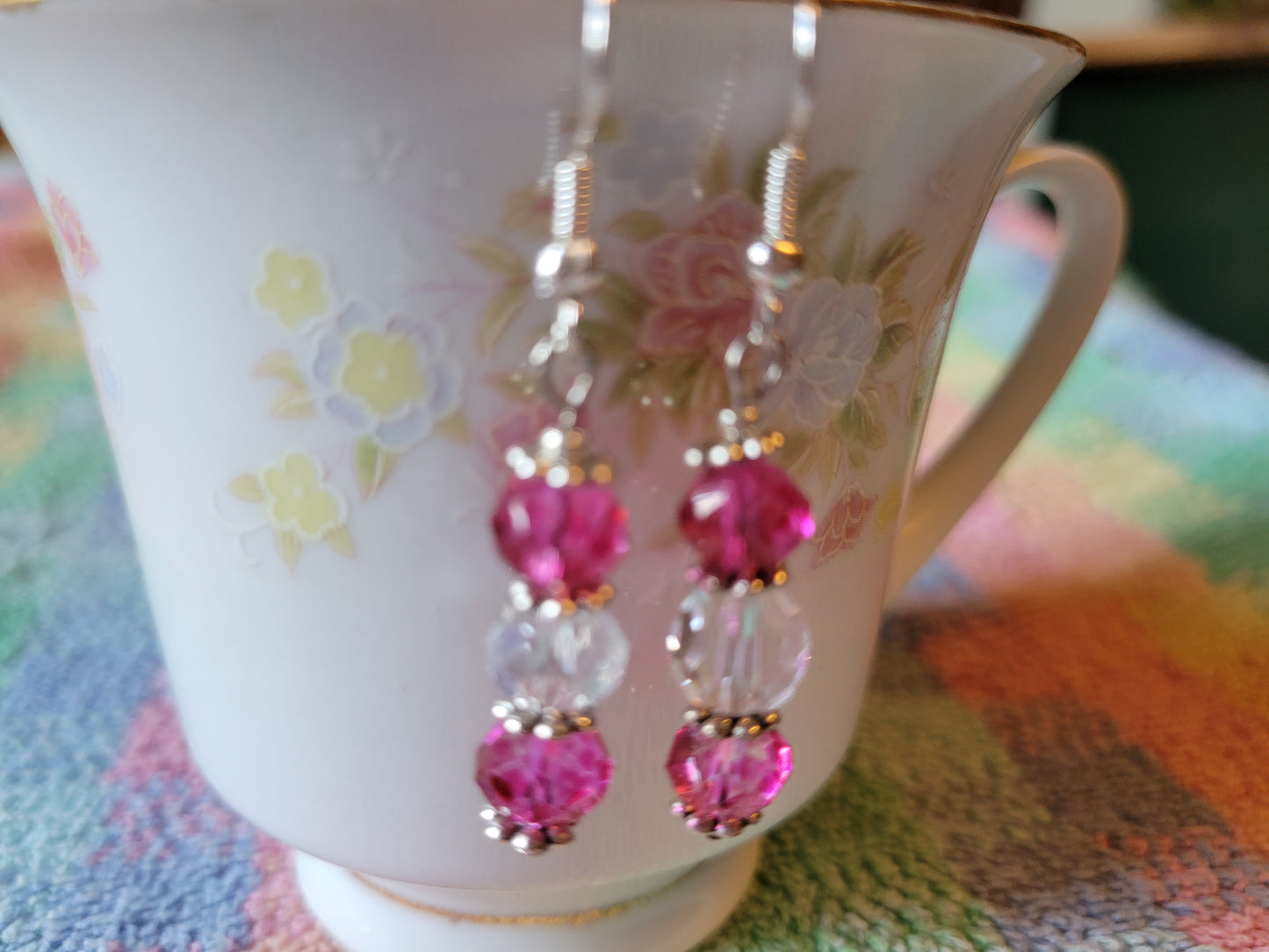 Pretty Silver Tone Hot Pink & Clear Crystal Dangle Drop Fashion Earrings