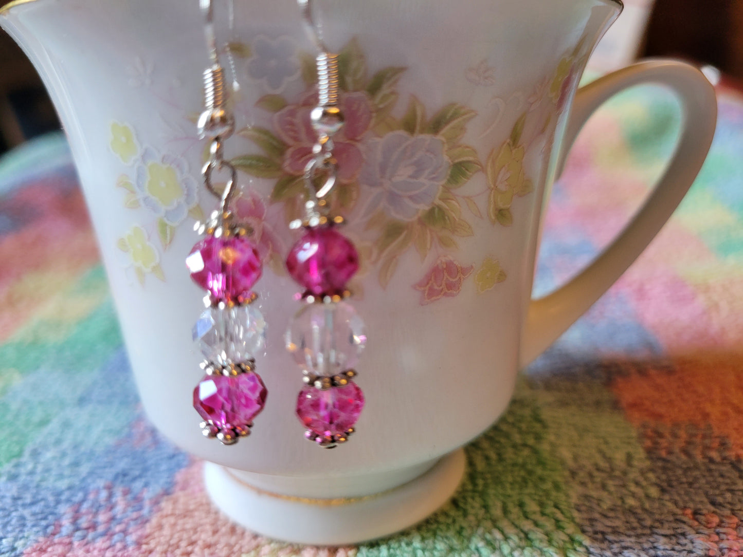 Pretty Silver Tone Hot Pink & Clear Crystal Dangle Drop Fashion Earrings