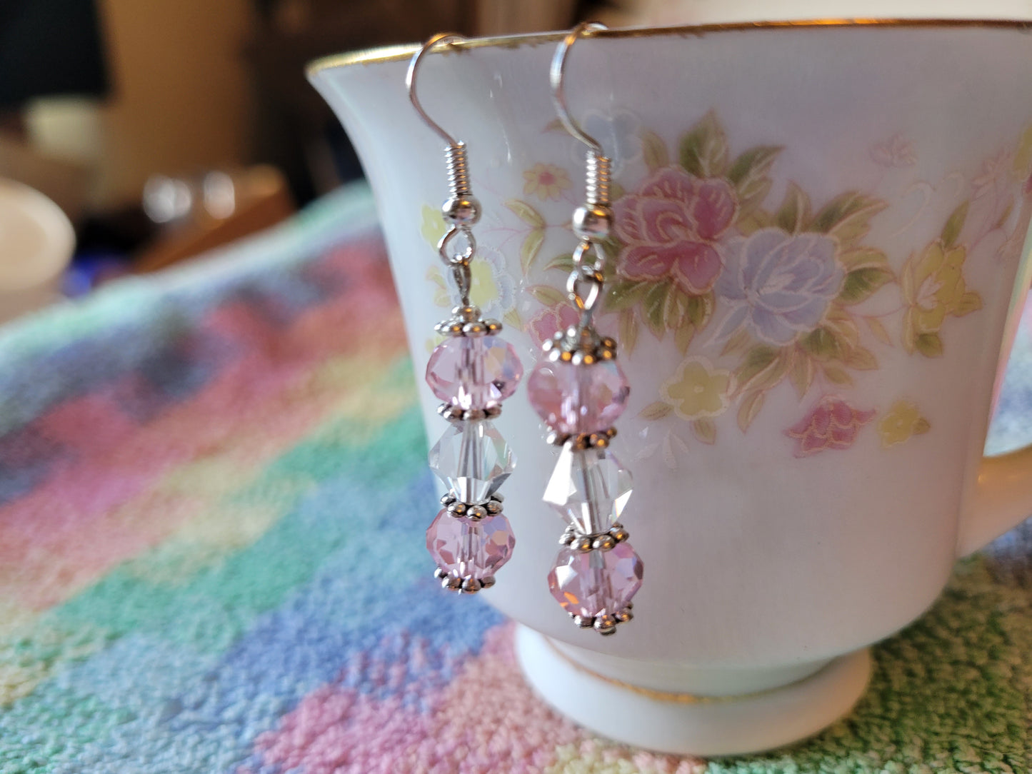 Pretty Silver Tone Pastel  Pink & Clear Crystal Dangle Drop Fashion Earrings