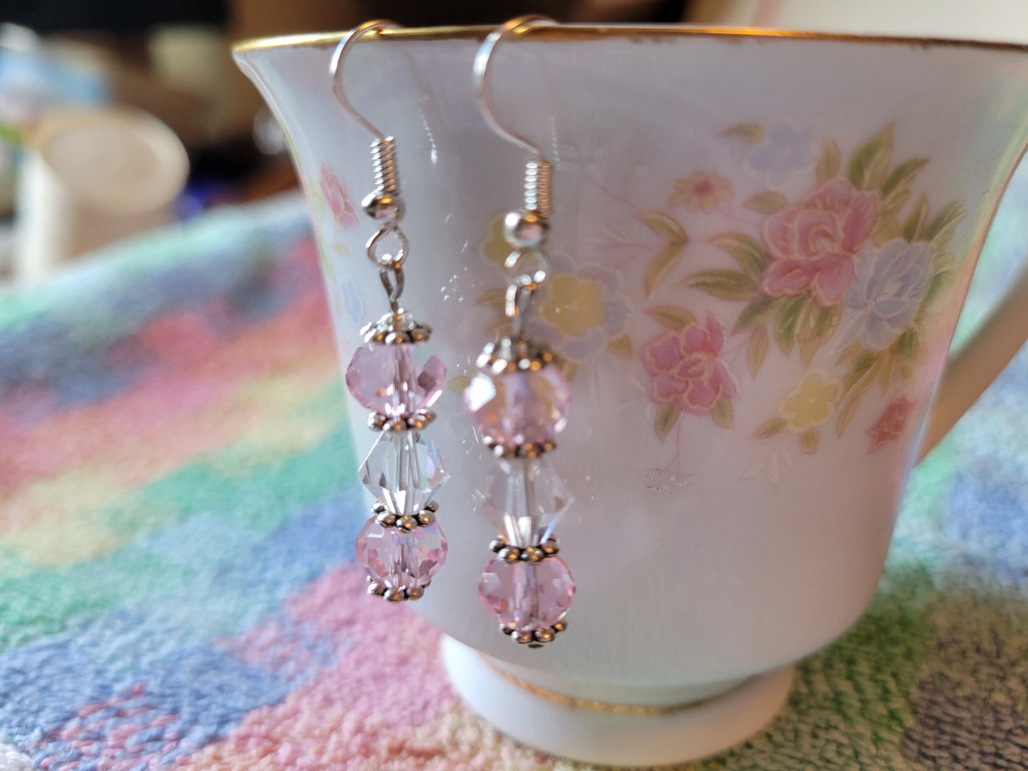 Pretty Silver Tone Pastel  Pink & Clear Crystal Dangle Drop Fashion Earrings