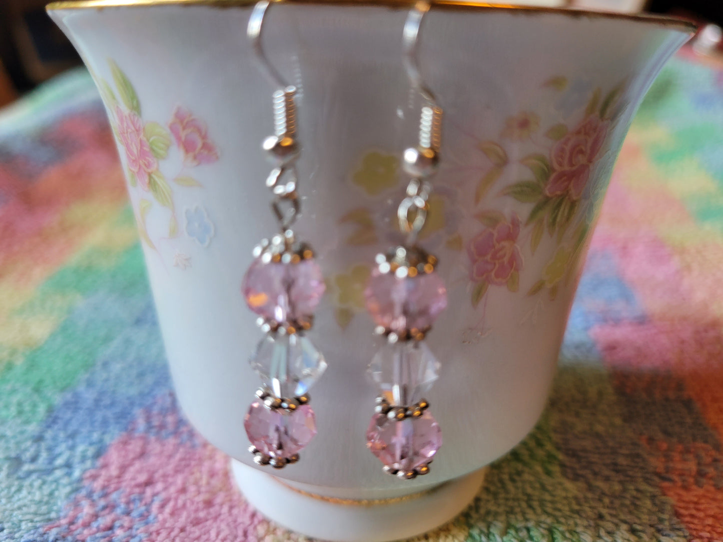 Pretty Silver Tone Pastel  Pink & Clear Crystal Dangle Drop Fashion Earrings