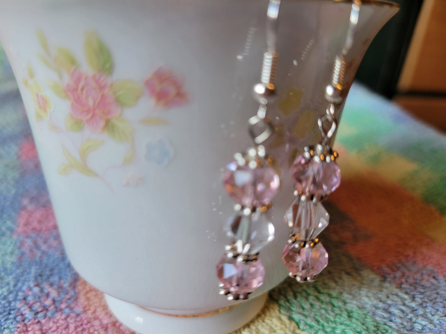 Pretty Silver Tone Pastel  Pink & Clear Crystal Dangle Drop Fashion Earrings