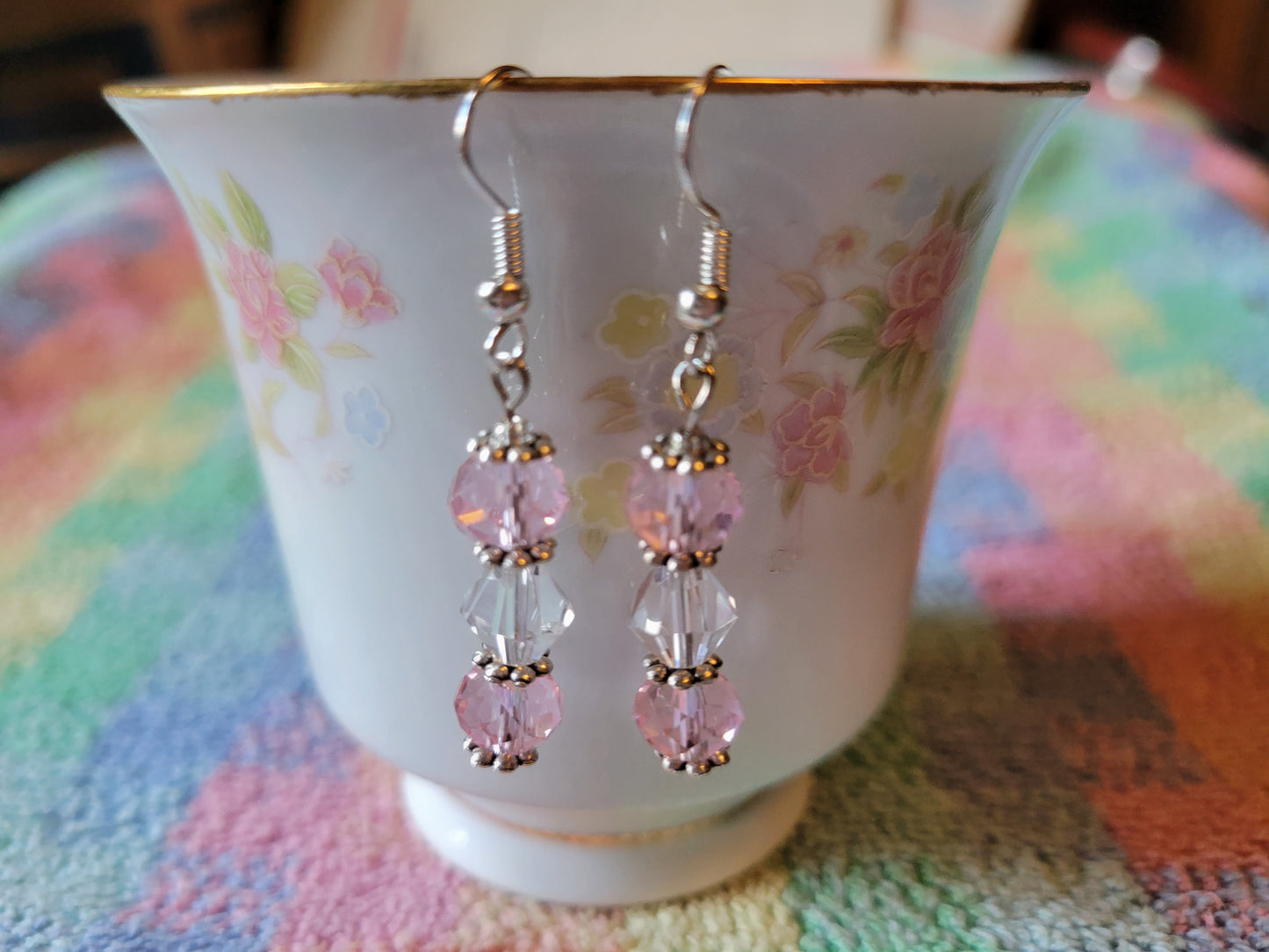 Pretty Silver Tone Pastel  Pink & Clear Crystal Dangle Drop Fashion Earrings