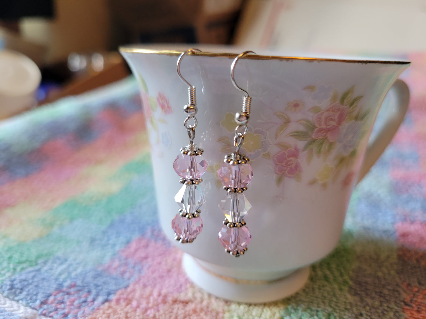 Pretty Silver Tone Pastel  Pink & Clear Crystal Dangle Drop Fashion Earrings