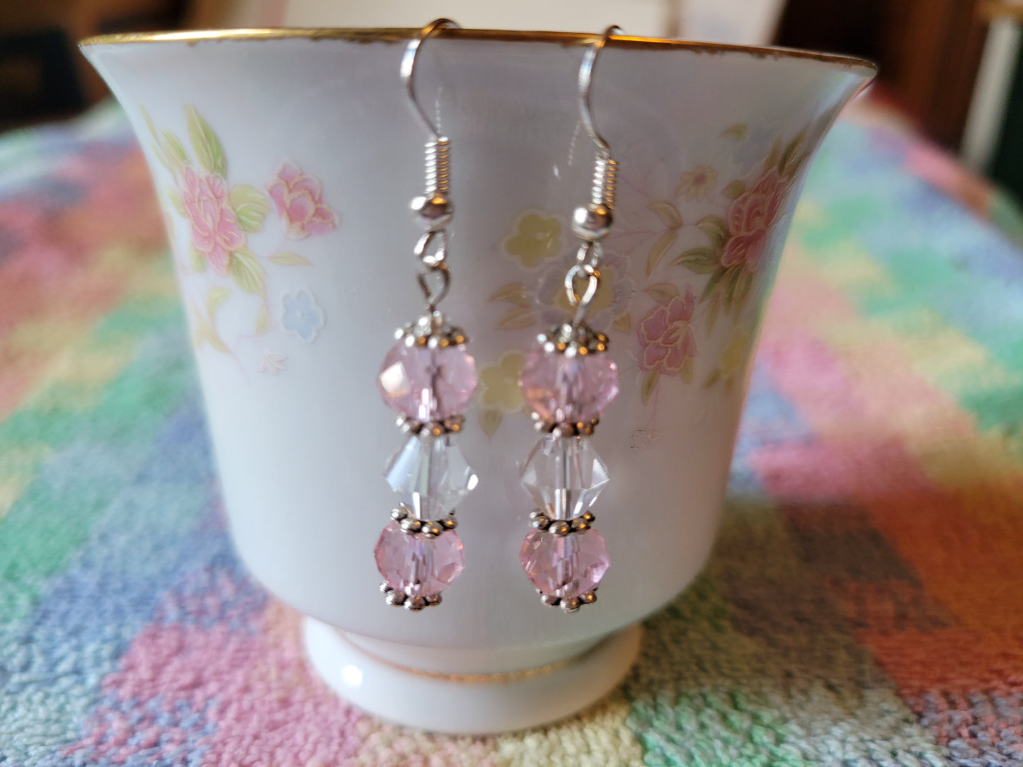 Pretty Silver Tone Pastel  Pink & Clear Crystal Dangle Drop Fashion Earrings