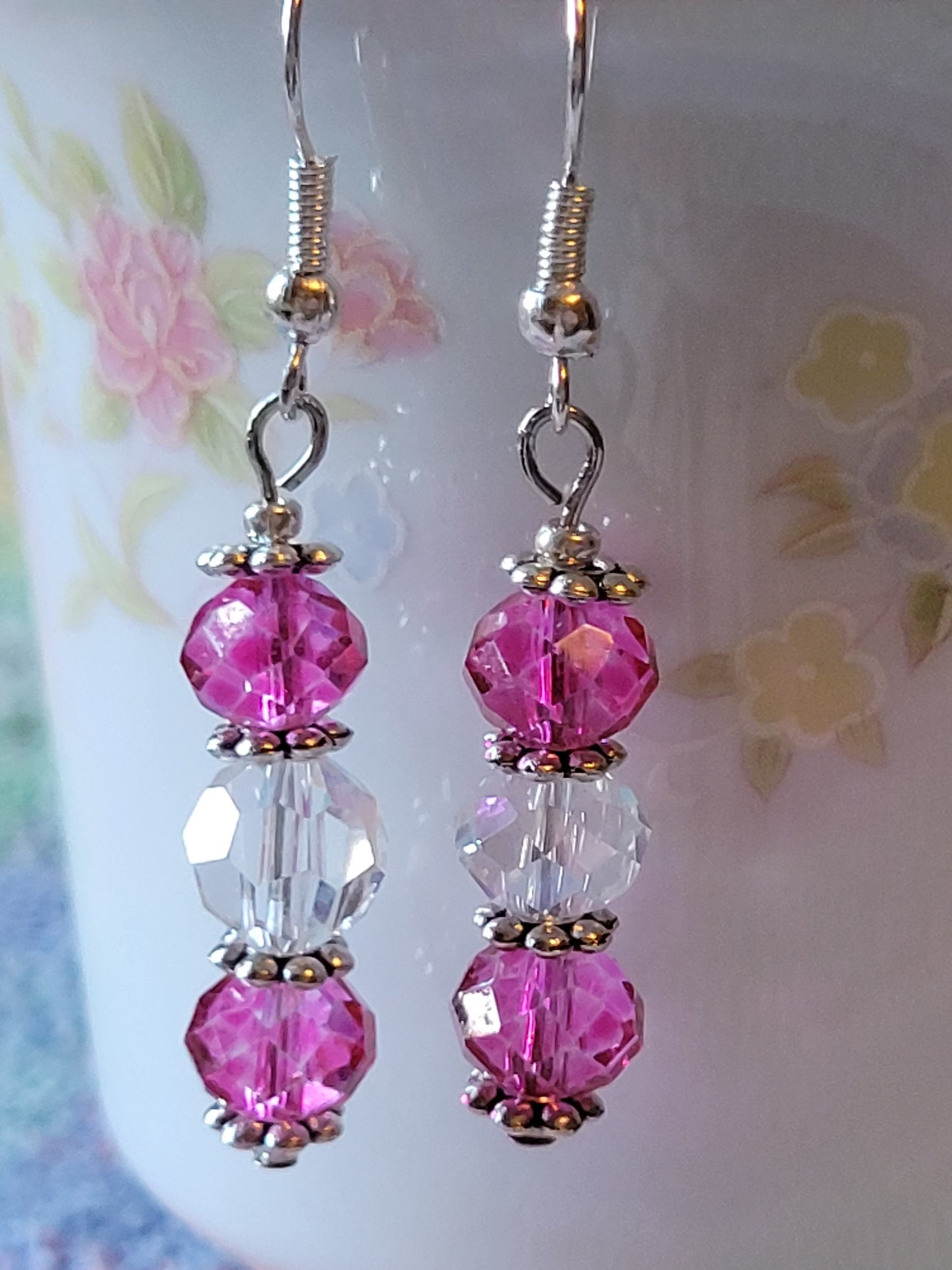 Pretty Silver Tone Hot Pink & Clear Crystal Dangle Drop Fashion Earrings