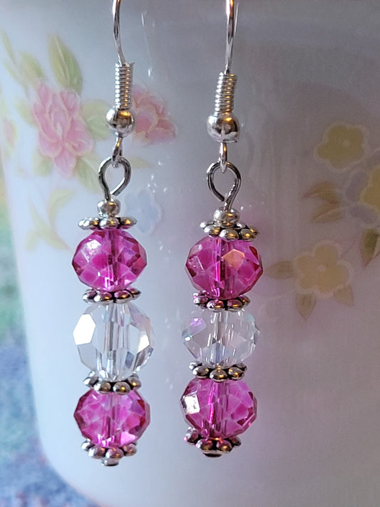 Pretty Silver Tone Hot Pink & Clear Crystal Dangle Drop Fashion Earrings
