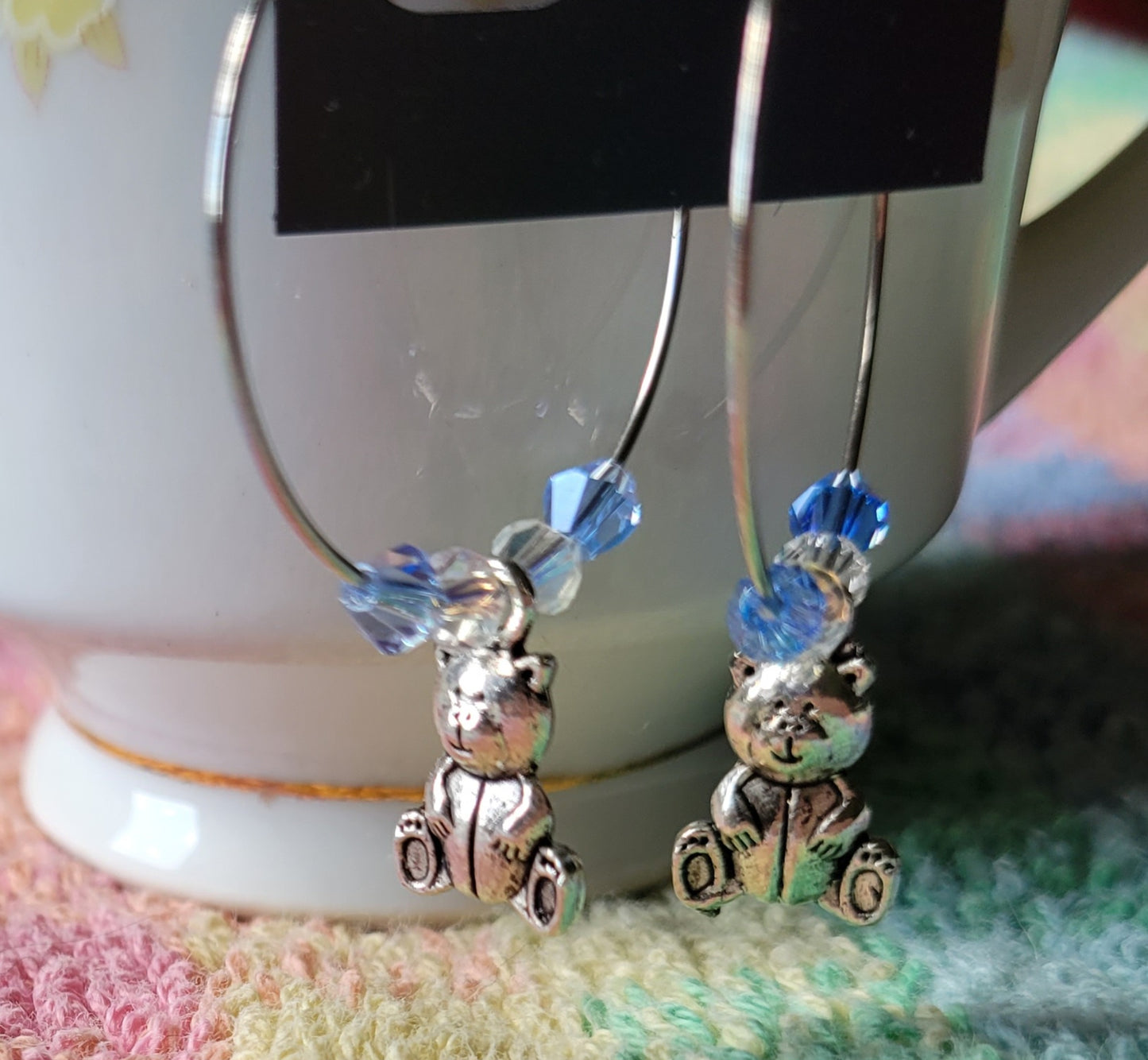 TEDDY BEAR 🧸 HOOP Earrings Blue Crystals Silver Tone Pierced Fashion Earrings