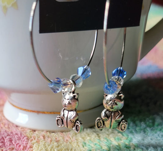 TEDDY BEAR 🧸 HOOP Earrings Blue Crystals Silver Tone Pierced Fashion Earrings