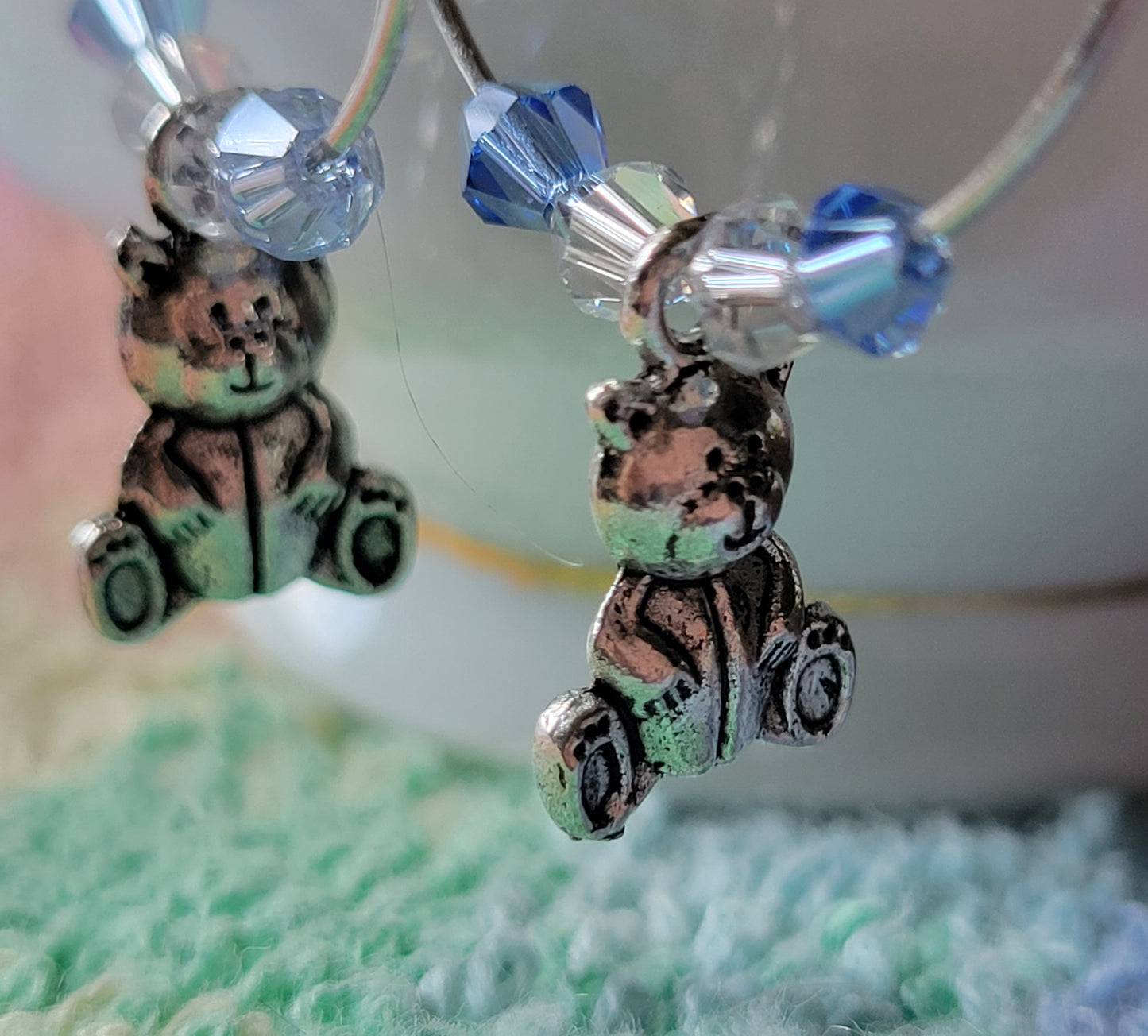 TEDDY BEAR 🧸 HOOP Earrings Blue Crystals Silver Tone Pierced Fashion Earrings
