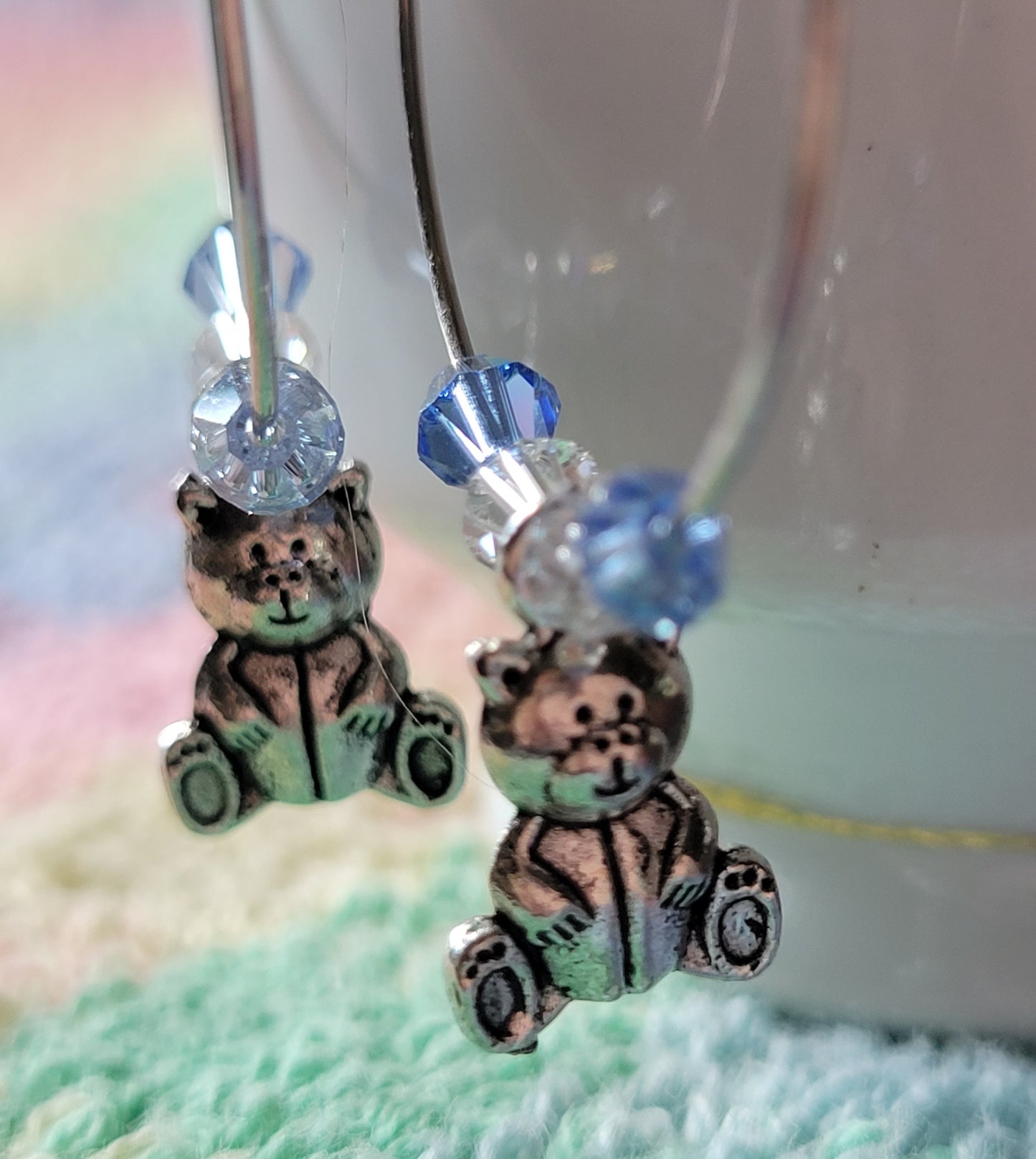 TEDDY BEAR 🧸 HOOP Earrings Blue Crystals Silver Tone Pierced Fashion Earrings