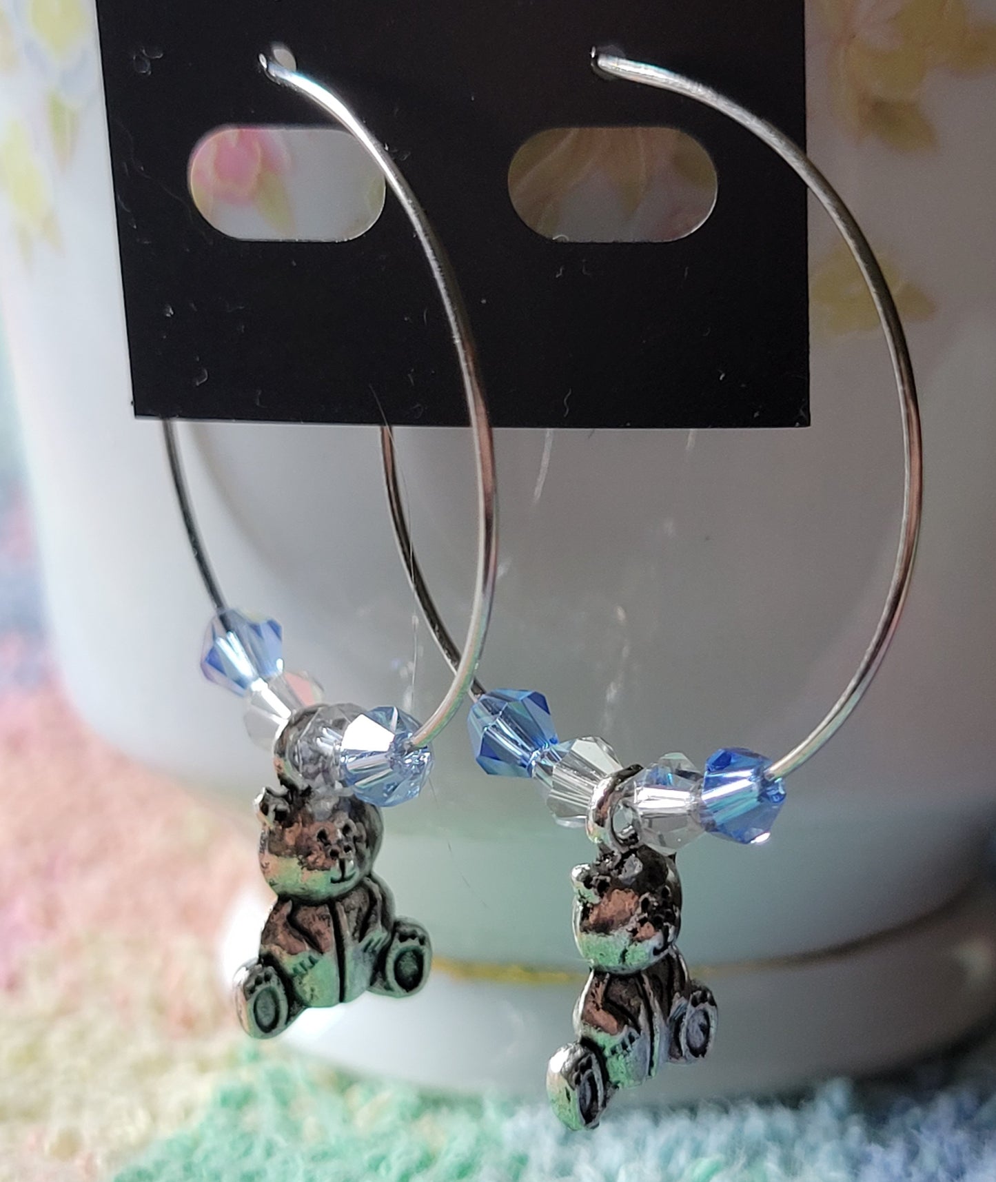 TEDDY BEAR 🧸 HOOP Earrings Blue Crystals Silver Tone Pierced Fashion Earrings
