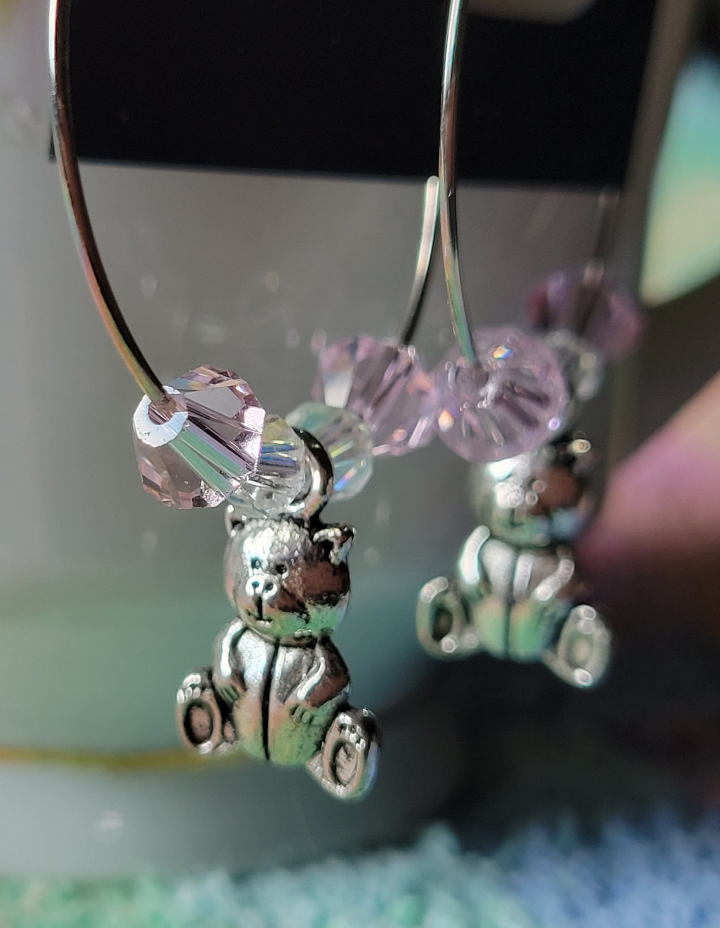 TEDDY BEAR 🧸 HOOP Earrings PINK Crystals Silver Tone Pierced Fashion Earrings