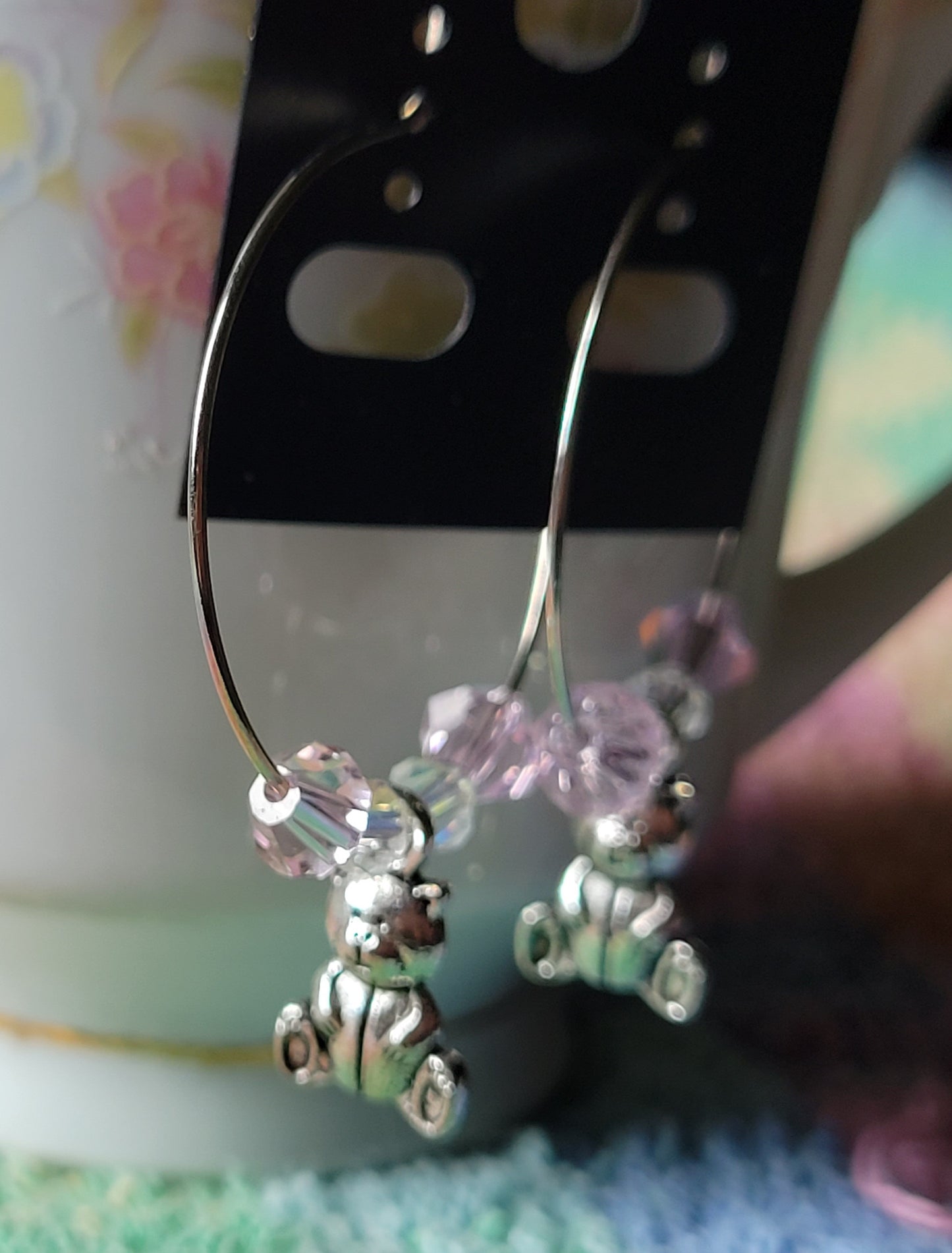 TEDDY BEAR 🧸 HOOP Earrings PINK Crystals Silver Tone Pierced Fashion Earrings