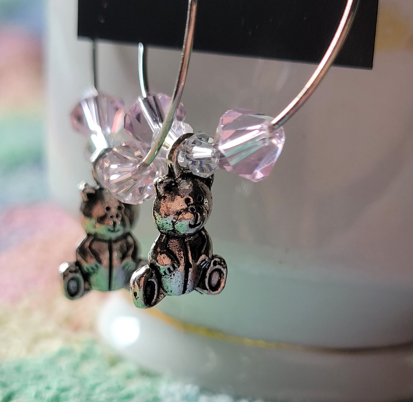 TEDDY BEAR 🧸 HOOP Earrings PINK Crystals Silver Tone Pierced Fashion Earrings