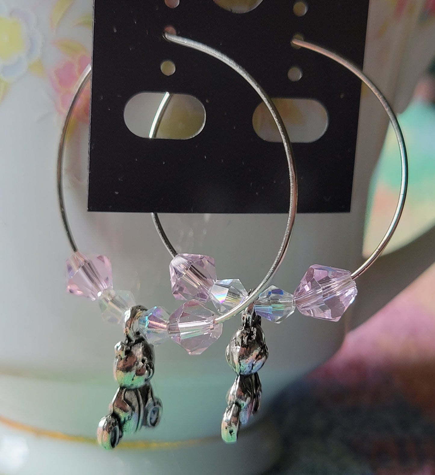 TEDDY BEAR 🧸 HOOP Earrings PINK Crystals Silver Tone Pierced Fashion Earrings