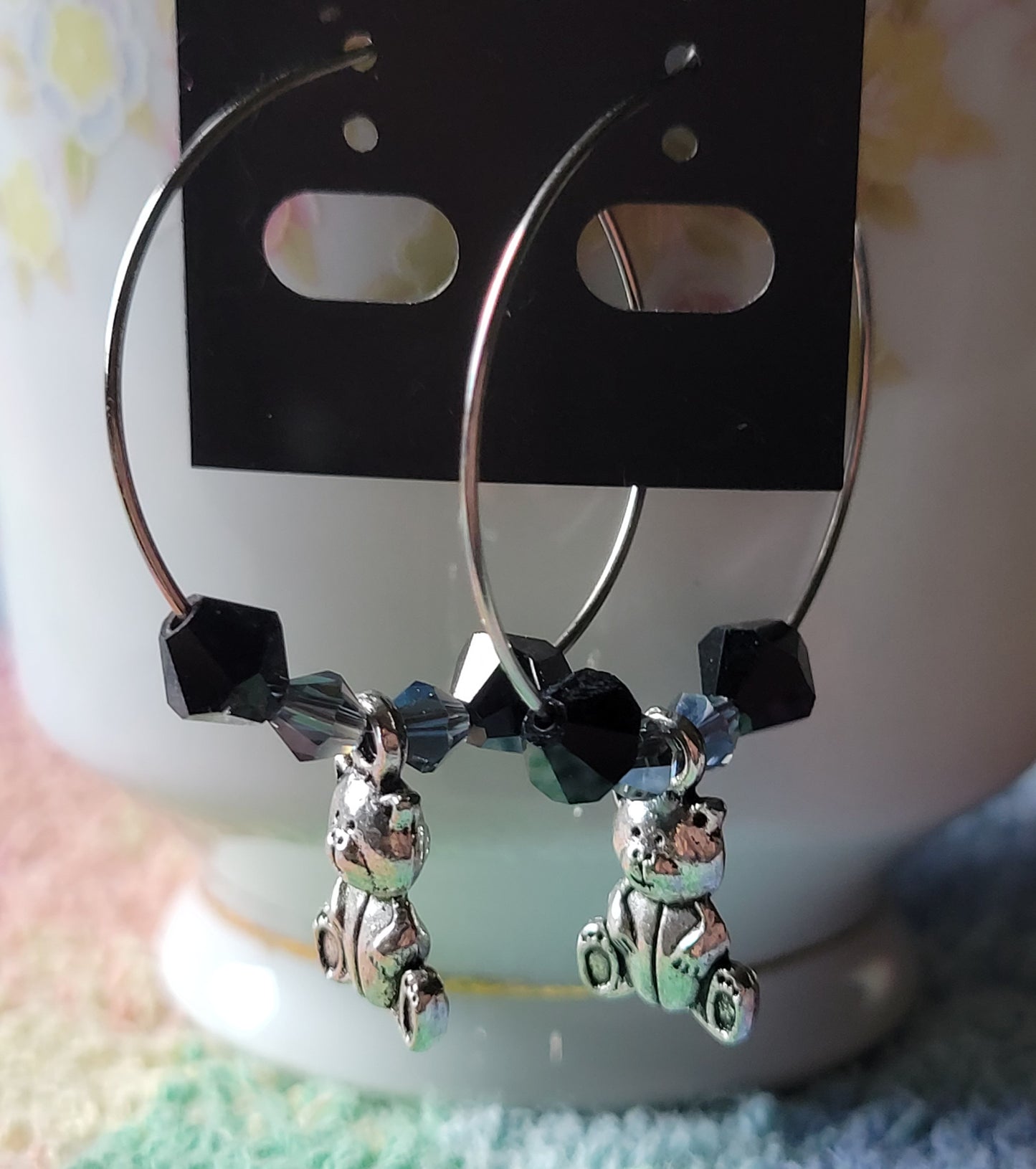 TEDDY BEAR 🧸 HOOP Earrings Black & Gray Crystals Silver Tone Pierced Fashion Earrings