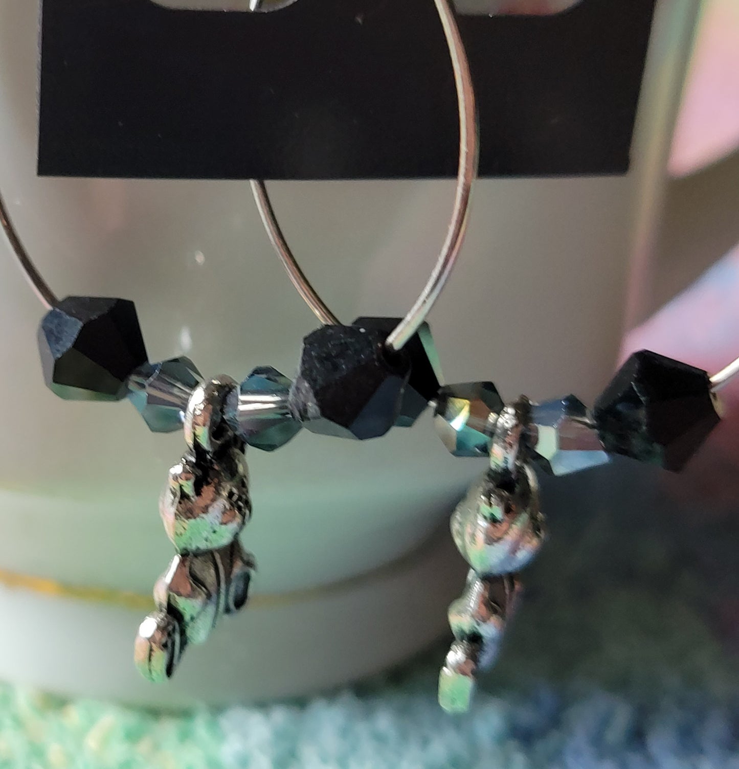 TEDDY BEAR 🧸 HOOP Earrings Black & Gray Crystals Silver Tone Pierced Fashion Earrings