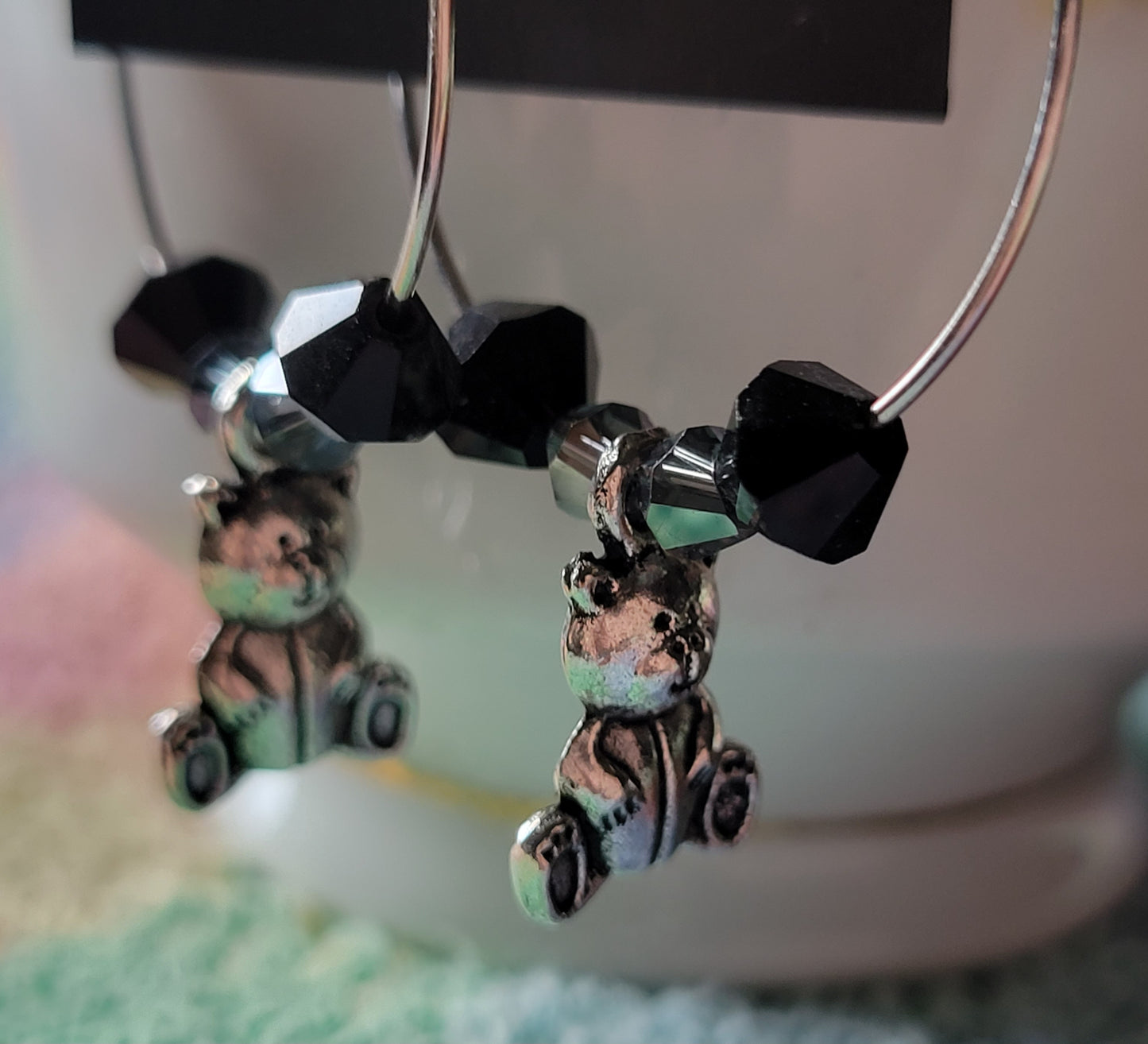 TEDDY BEAR 🧸 HOOP Earrings Black & Gray Crystals Silver Tone Pierced Fashion Earrings