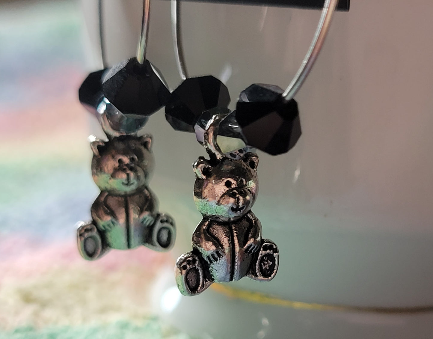 TEDDY BEAR 🧸 HOOP Earrings Black & Gray Crystals Silver Tone Pierced Fashion Earrings