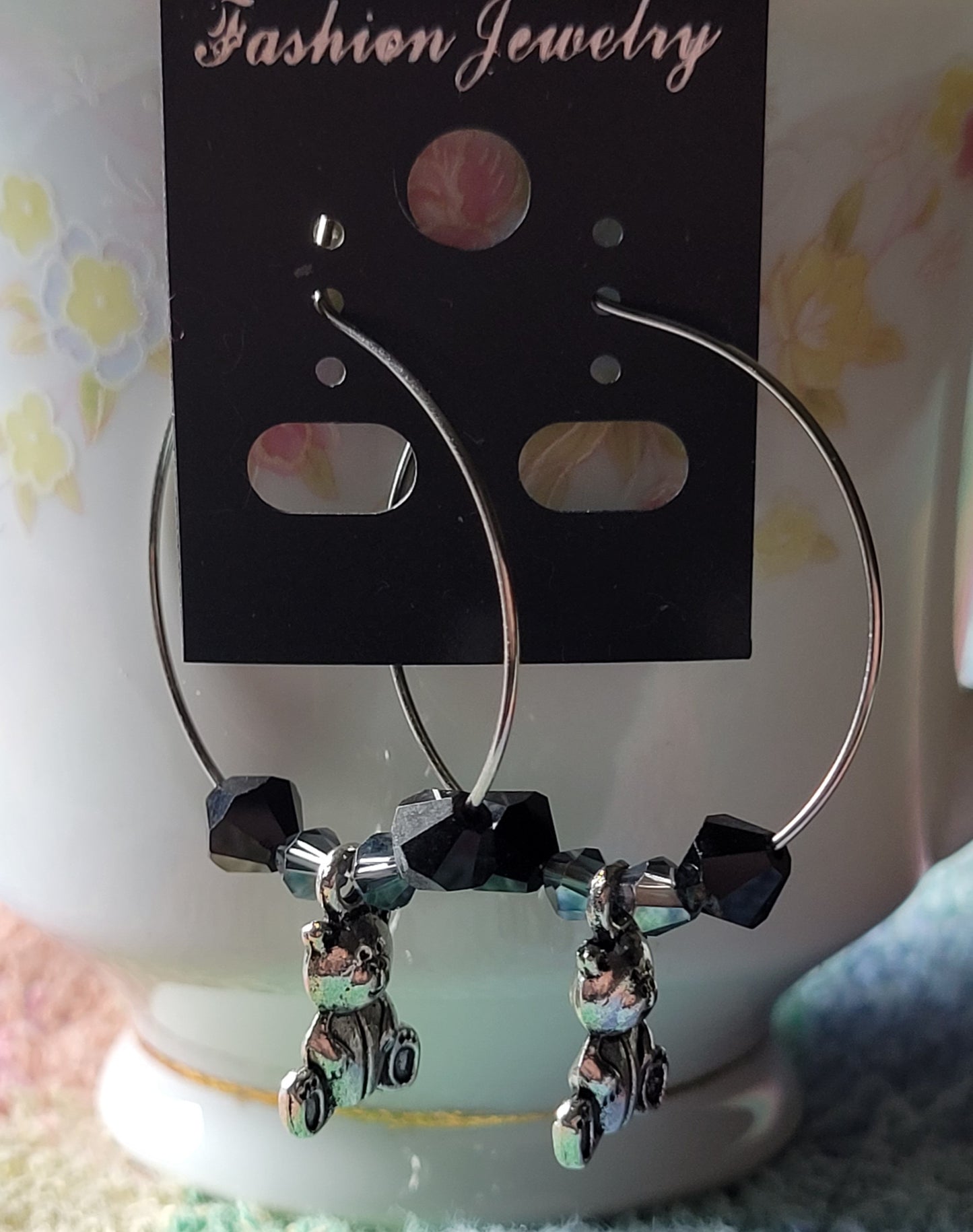 TEDDY BEAR 🧸 HOOP Earrings Black & Gray Crystals Silver Tone Pierced Fashion Earrings