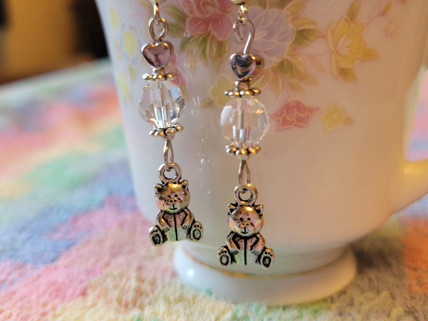 TEDDY BEAR 🧸 Clear Crystal Dangle Drop Silver Tone Pierced Earrings French wires