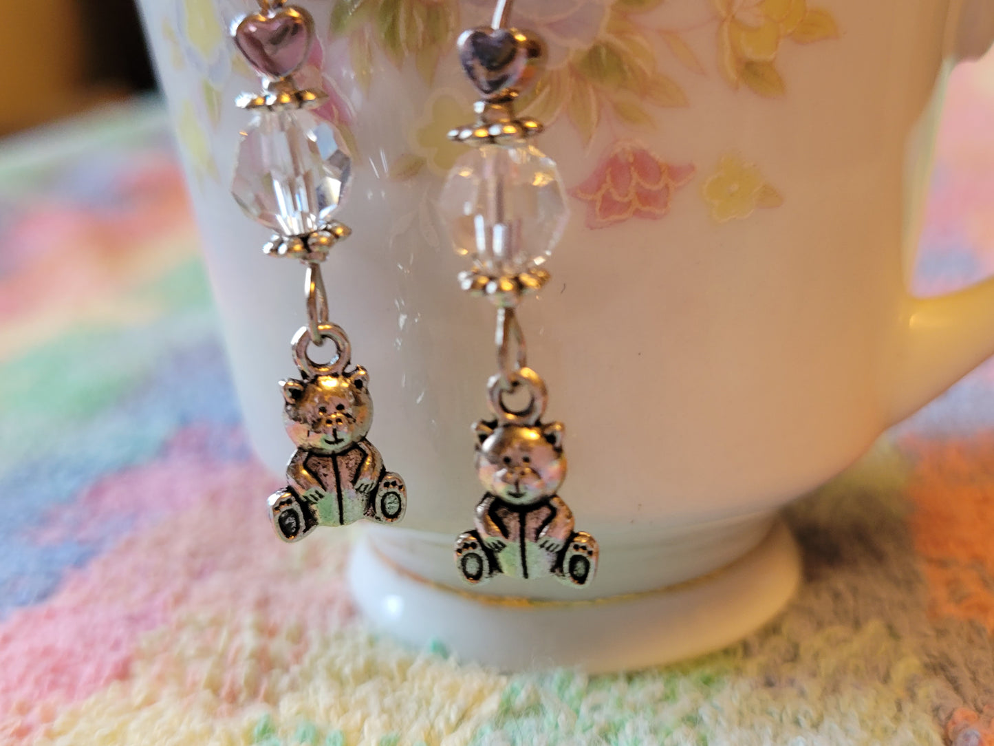 TEDDY BEAR 🧸 Clear Crystal Dangle Drop Silver Tone Pierced Earrings French wires