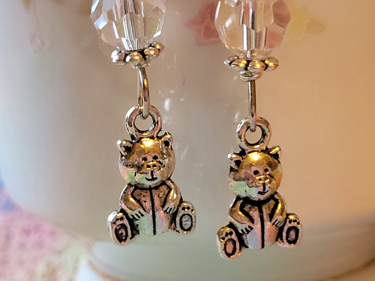 TEDDY BEAR 🧸 Clear Crystal Dangle Drop Silver Tone Pierced Earrings French wires